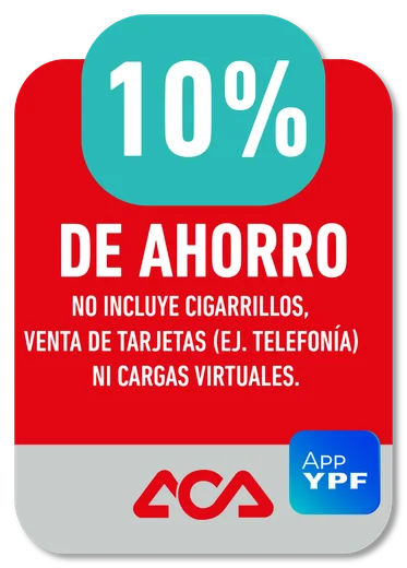 10% ACA · NO INCLUYE CIGARRILLOS, VENTA DE TARJETAS (EJ. TELEFONÍA) NI CARGAS VIRTUALES.