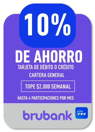 10% brubank · TARJETA DE DÉBITO O CRÉDITO CARTERA GENERAL · TOPE $2.000 SEMANAL · HASTA 4 PARTICIPACIONES POR MES