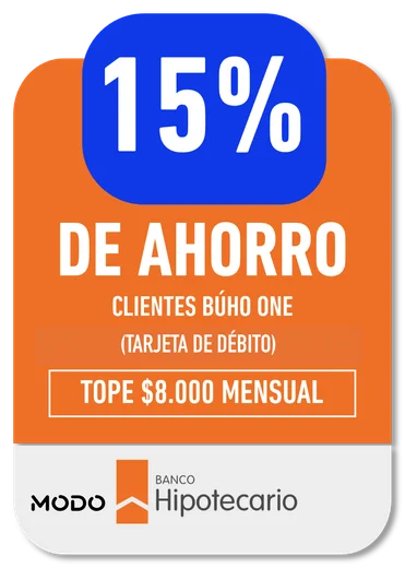 15% MODO / Banco Hipotecario · CLIENTES BÚHO ONE (TARJETA DE DÉBITO) · TOPE $8.000 MENSUAL
