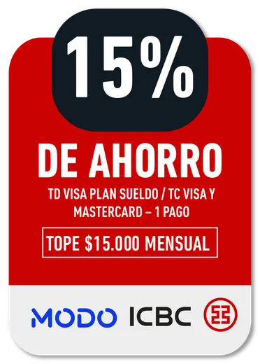 15% MODO ICBC · TD VISA PLAN SUELDO / TC VISA Y MASTERCARD – 1 PAGO · TOPE $15.000 MENSUAL