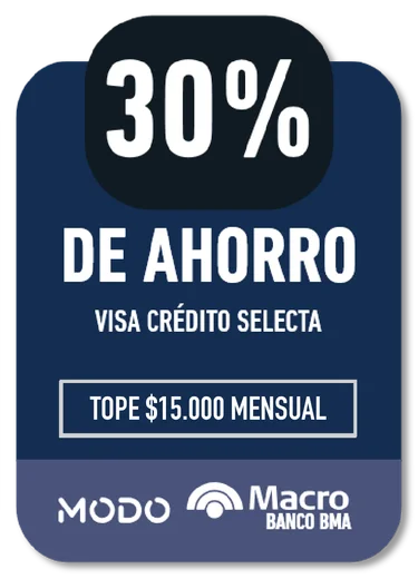 30% MODO / Macro BANCO BMA · VISA CRÉDITO SELECTA · TOPE $15.000 MENSUAL