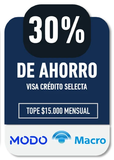 30% MODO Macro · VISA CRÉDITO SELECTA · TOPE $15.000 MENSUAL