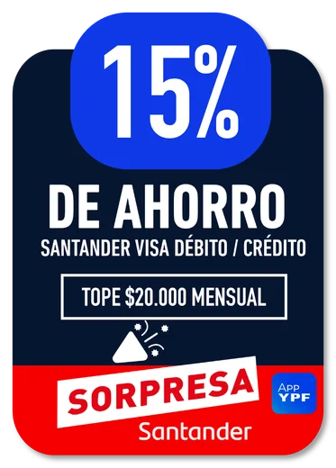 15% Santander · SANTANDER VISA DÉBITO / CRÉDITO · TOPE $20.000 MENSUAL