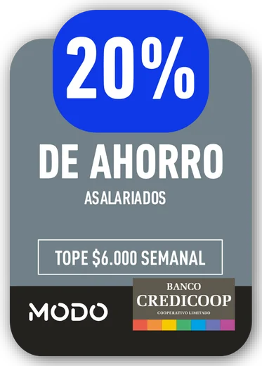 20% MODO / BANCO CREDICOOP COOPERATIVO LIMITADO · DE AHORRO ASALARIADOS · TOPE $6.000 SEMANAL