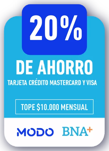 20% MODO / BNA+ · TARJETA CRÉDITO MASTERCARD Y VISA · TOPE $10.000 MENSUAL