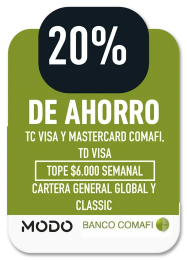 20% MODO / BANCO COMAFI · TC VISA Y MASTERCARD COMAFI, TD VISA. CARTERA GENERAL GLOBAL Y CLASSIC · TOPE $6.000 SEMANAL