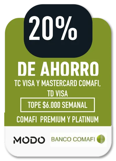20% MODO / BANCO COMAFI · TC VISA Y MASTERCARD COMAFI, TD VISA - COMAFI PREMIUM Y PLATINUM · TOPE $6.000 SEMANAL