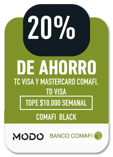 20% MODO / BANCO COMAFI · TC VISA Y MASTERCARD COMAFI, TD VISA - COMAFI BLACK · TOPE $10.000 SEMANAL