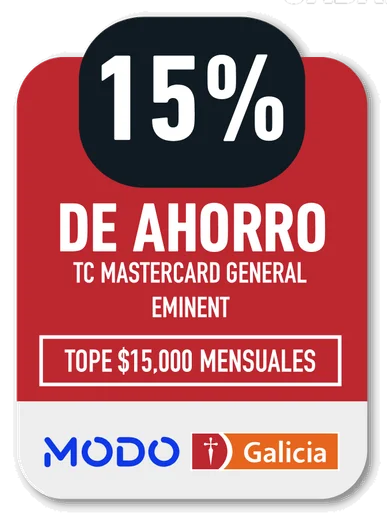 15% MODO / Galicia · DE AHORRO TC MASTERCARD GENERAL EMINENT · TOPE $15.000 MENSUALES