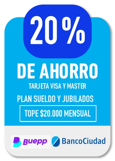 20% Buepp / BancoCiudad · DE AHORRO TARJETA VISA Y MASTER PLAN SUELDO Y JUBILADOS · TOPE $20.000 MENSUAL